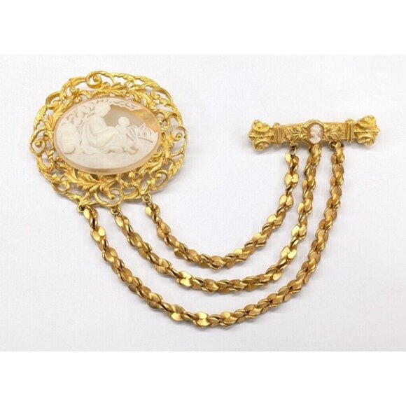 VTG Georgiou Openwork Cameo Chatelaine Tripe Chain Statement Double Brooch Pin